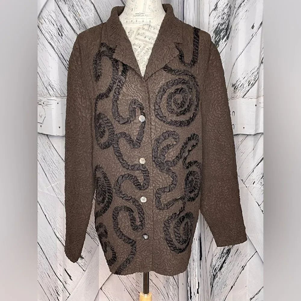 Tally-Ho Brown Textured Faux Suede Jacket w/Appliqués L